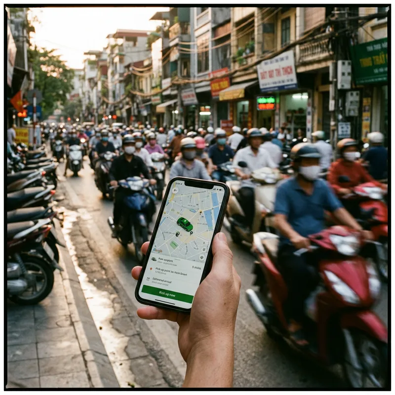 Phone screen showing a ride-hailing map held above a busy street with motorbikes passing