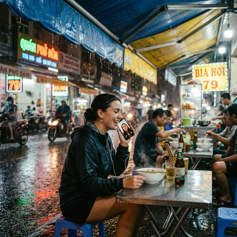 Traveler taking a video call on a plastic stool at a street food stall in the rain